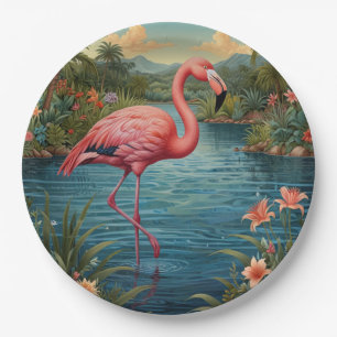 Elegant pink flamingo tropical paradise   paper plate