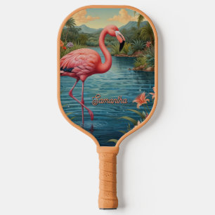 Elegant pink flamingo tropical paradise pickleball paddle