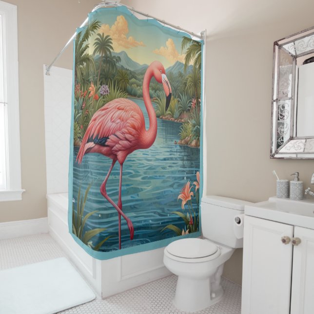 Elegant pink flamingo tropical paradise   shower curtain (In Situ)