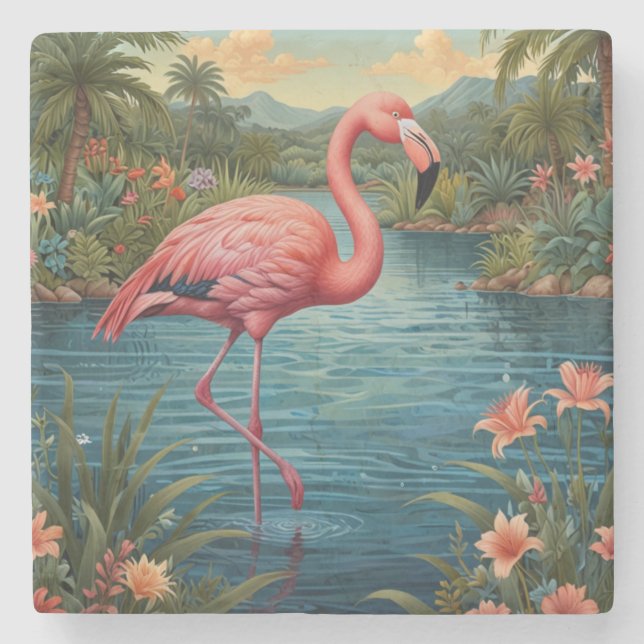 Elegant pink flamingo tropical paradise   stone coaster (Front)
