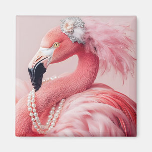 Elegant Pink Flamingo with Pearls and Feathers  Magnet