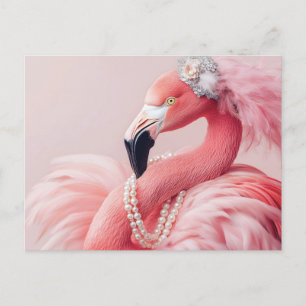 Elegant Pink Flamingo with Pearls and Feathers  Postcard