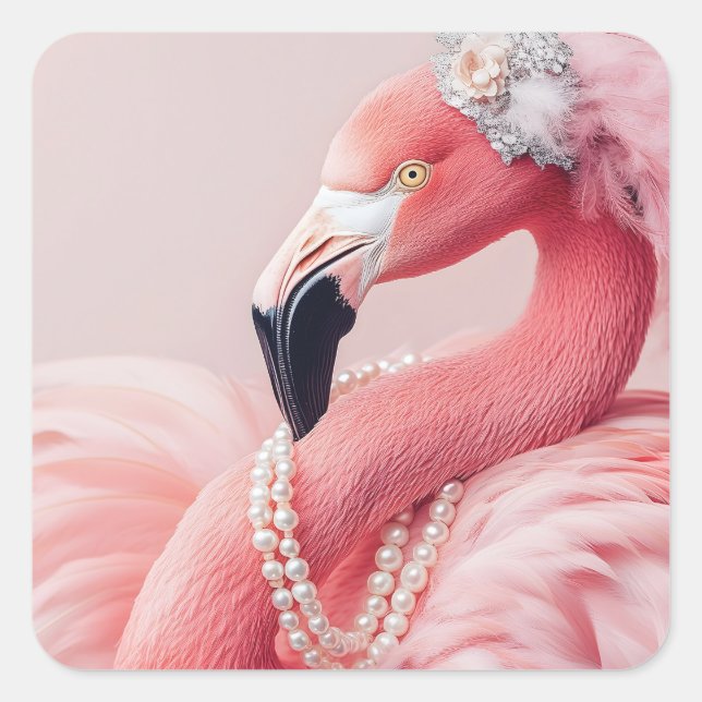 Elegant Pink Flamingo with Pearls and Feathers  Square Sticker (Front)