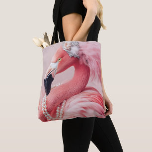 Elegant Pink Flamingo with Pearls and Feathers Tote Bag