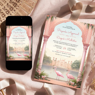 Elegant Pink Flamingos Indian Palace Arch Wedding Invitation
