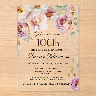 Elegant Pink Floral 100th Birthday Party Acrylic Invitations