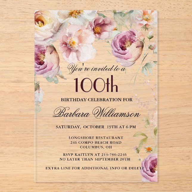 Elegant Pink Floral 100th Birthday Party Acrylic Invitations (Front)