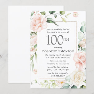 Elegant Pink Floral 100th Birthday Party Invitatio Invitation