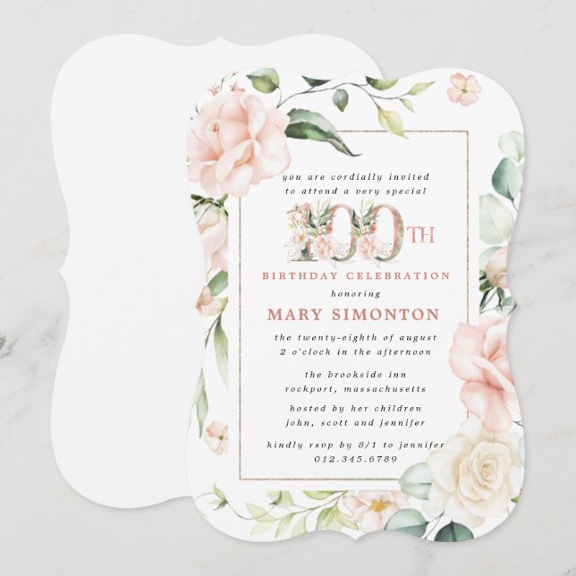 Elegant Pink Floral 100th Birthday Party Invitatio Invitation (Front/Back)