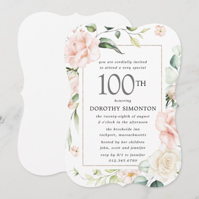 Elegant Pink Floral 100th Birthday Party Invitation (Front/Back)