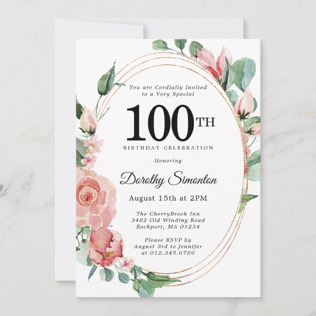 Elegant Pink Floral 100th Birthday Party Invitation (Front)