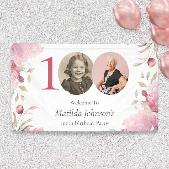 Elegant Pink Floral 100th Birthday Party Welcome Banner (Mockup View)