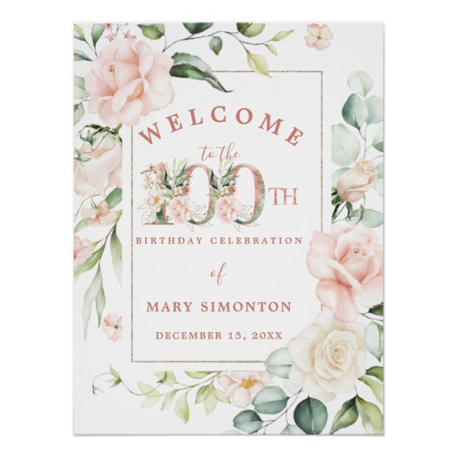 Elegant Pink Floral 100th Birthday Party Welcome Poster (Front)