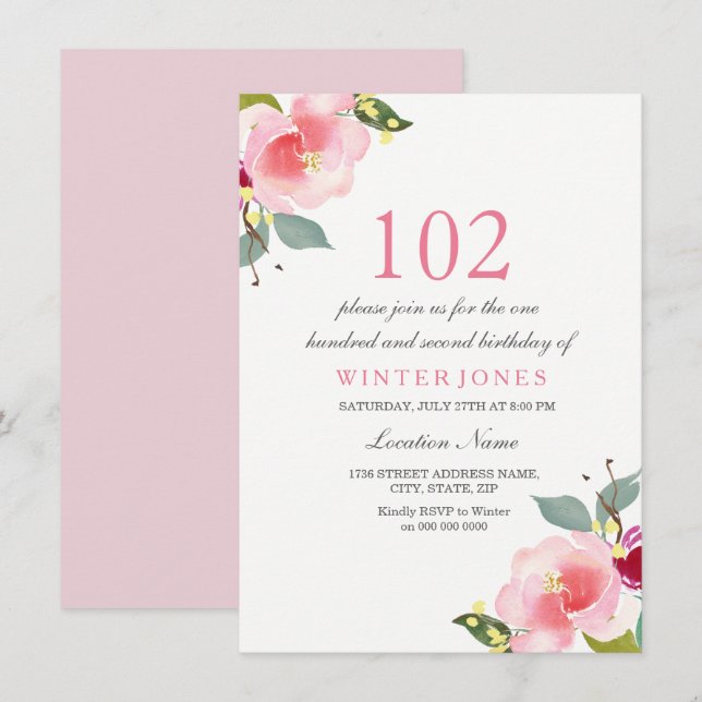 Elegant Pink Floral 102nd Birthday Party Invite (Front/Back)