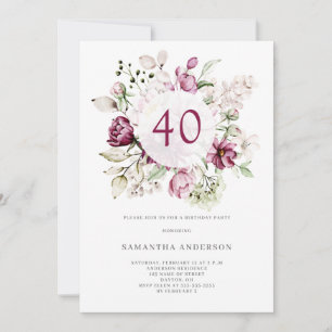 Elegant Pink Floral 40th Birthday Party  Invitation