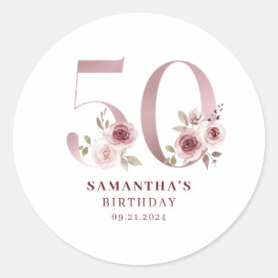 Elegant Pink Floral 50th Birthday Classic Round Sticker