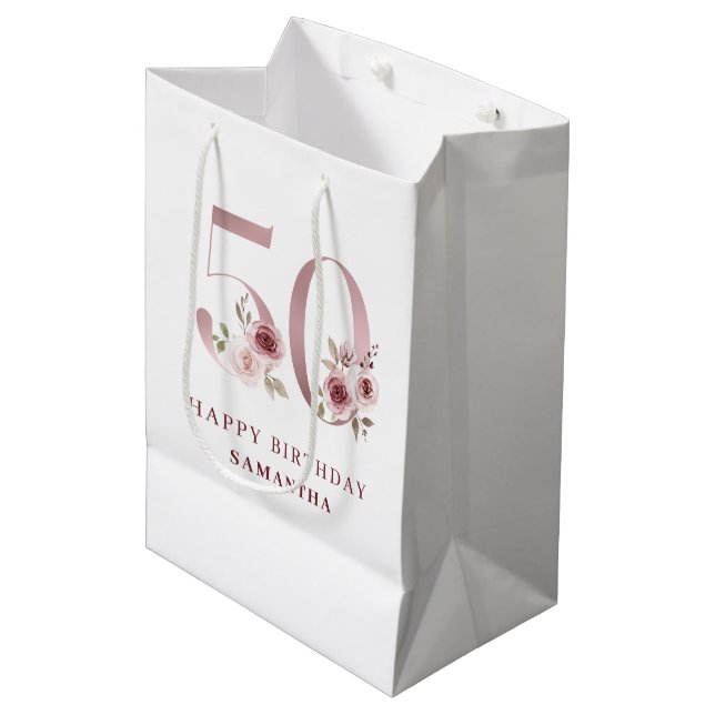 Elegant Pink Floral 50th Birthday Medium Gift Bag (Front Angled)