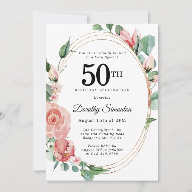 Elegant Pink Floral 50th Birthday Party Invitation (Front)