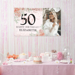 Elegant Pink Floral 50th Birthday Photo Banner