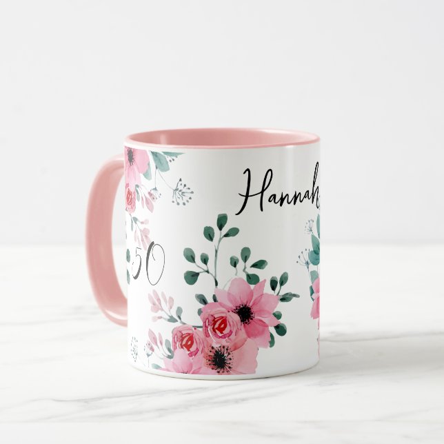 Elegant Pink Floral 50th Birthday Two-Tone Name Mug (Front Left)