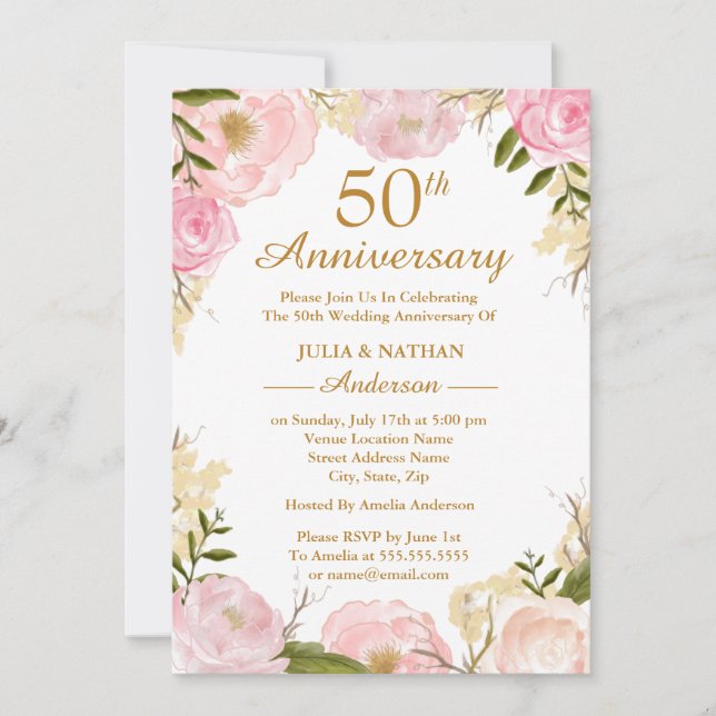 Elegant Pink Floral 50th Wedding Anniversary Invitation (Front)