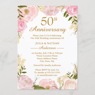 Elegant Pink Floral 50th Wedding Anniversary Invitation