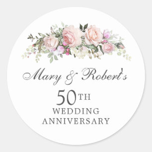 Elegant Pink Floral 50th Wedding Anniversary Party Classic Round Sticker