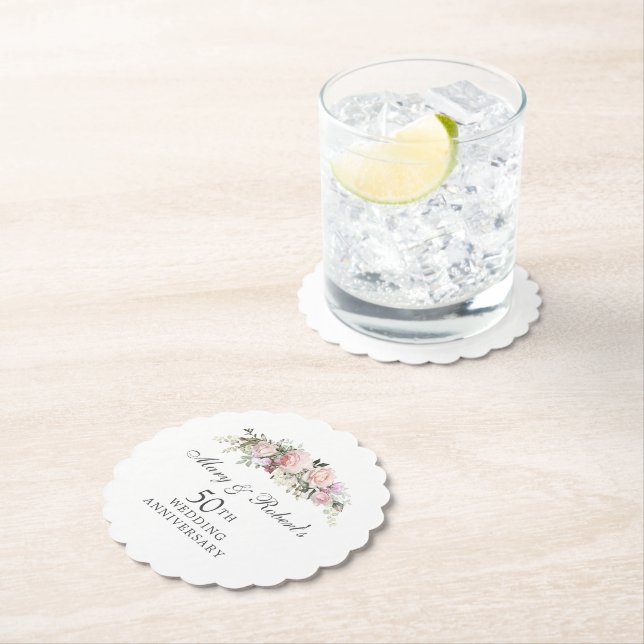 Elegant Pink Floral 50th Wedding Anniversary Party Paper Coaster (Insitu)