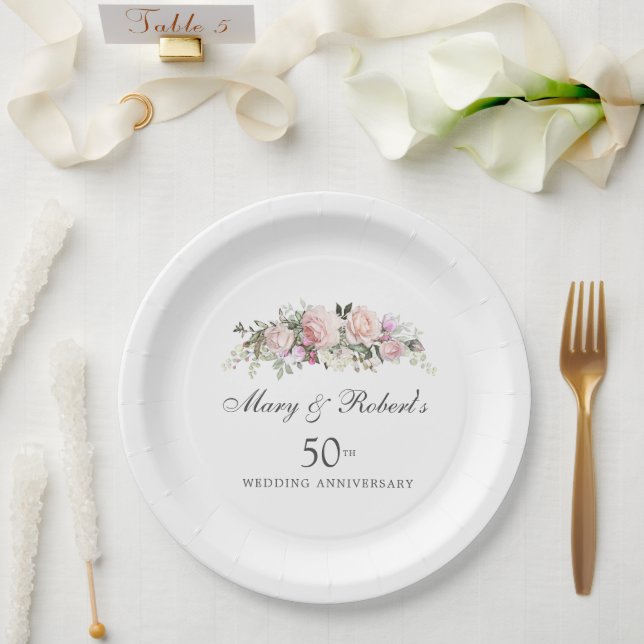 Elegant Pink Floral 50th Wedding Anniversary Party Paper Plate (Wedding)