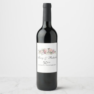 Elegant Pink Floral 50th Wedding Anniversary Party Wine Label