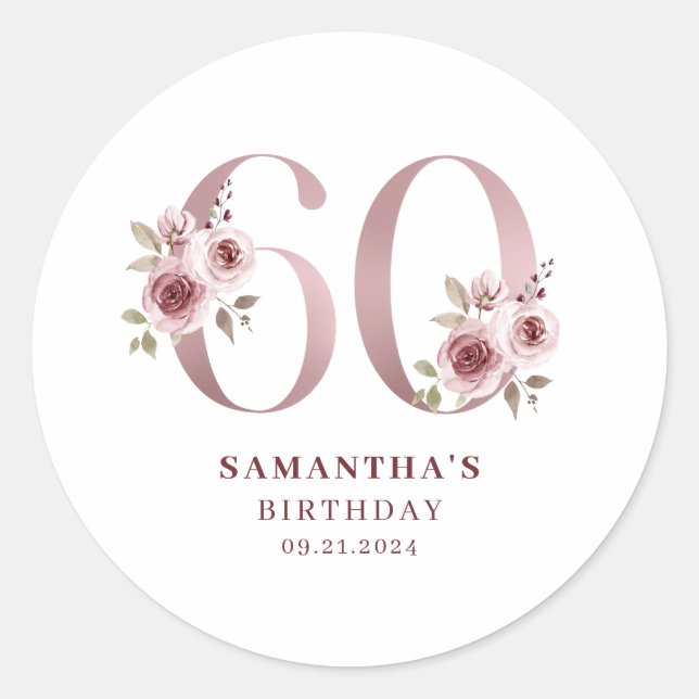 Elegant Pink Floral 60th Birthday  Classic Round Sticker (Front)