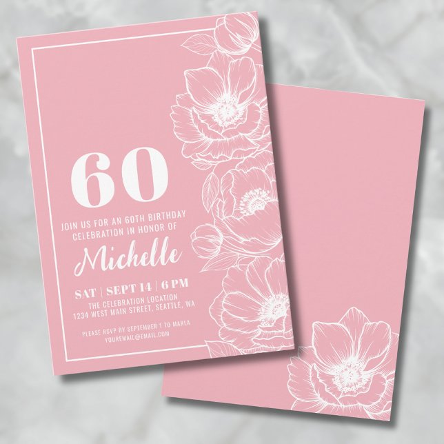 Elegant Pink Floral 60th Birthday Invitation (Elegant Pink Floral 60th Birthday Invitation)
