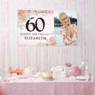 Elegant Pink Floral 60th Birthday Photo Banner