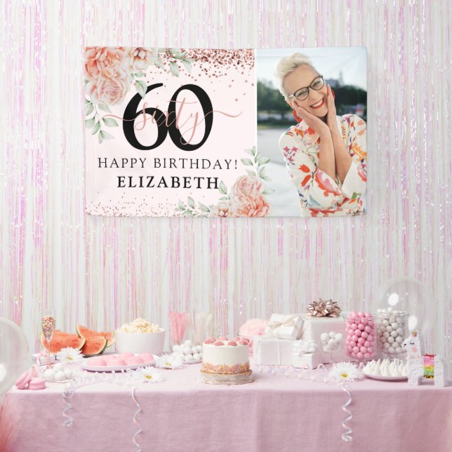 Elegant Pink Floral 60th Birthday Photo Banner (Party)