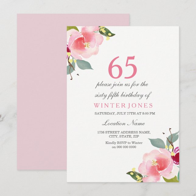 Elegant Pink Floral 65th Birthday Party Invitation (Front/Back)