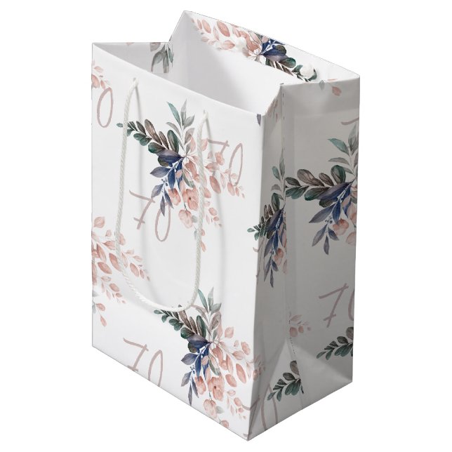 Elegant Pink Floral 70th Birthday Custom Medium Gift Bag (Front Angled)