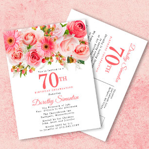 Elegant Pink Floral 70th Birthday Invitation Postcard