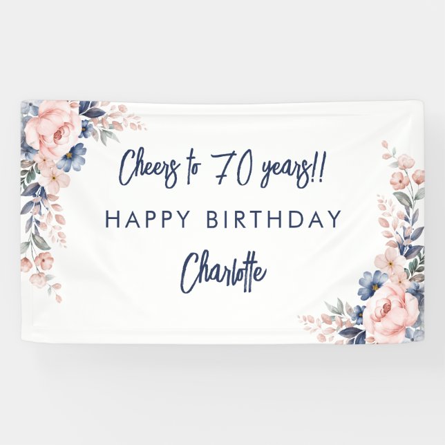 Elegant Pink Floral 70th Birthday Party Banner (Horizontal)