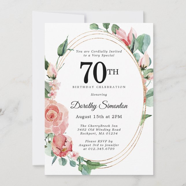 Elegant Pink Floral 70th Birthday Party Invitation (Front)