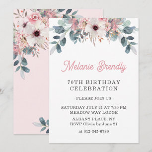 Elegant Pink Floral 70th Birthday Party Invite