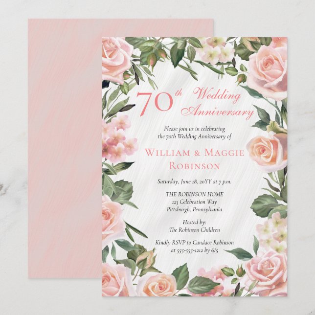 Elegant Pink Floral 70th Wedding Anniversary Party Invitation (Front/Back)