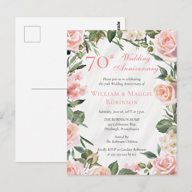 Elegant Pink Floral 70th Wedding Anniversary Party Postcard (Front/Back)