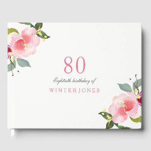 Elegant Pink Floral 80th Birthday Party Guest Book