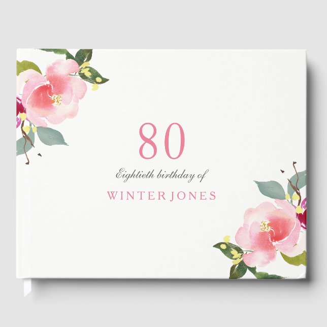 Elegant Pink Floral 80th Birthday Party Guest Book (Front)