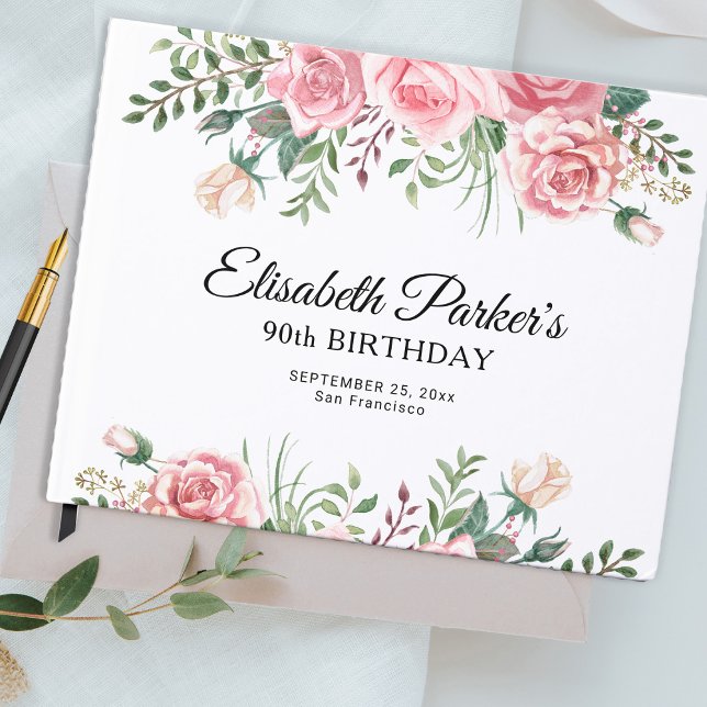 Elegant pink floral 90th birthday party  guest book (Creator Uploaded)