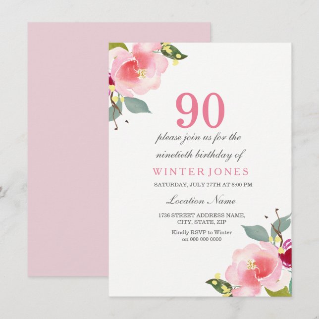 Elegant Pink Floral 90th Birthday Party Invitation (Front/Back)