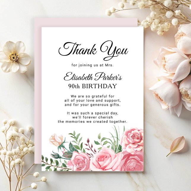 Elegant pink floral 90th birthday party  thank you card (Creator Uploaded)