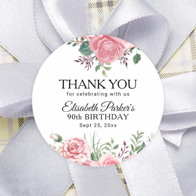 Elegant pink floral 90th birthday thank you classic round sticker (Creator Uploaded)