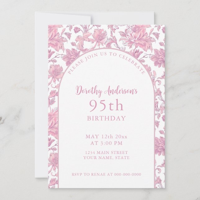 Elegant Pink Floral 95th Birthday Party  Invitation (Front)