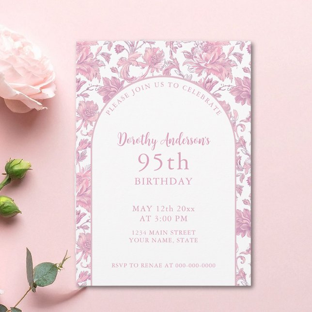 Elegant Pink Floral 95th Birthday Party  Invitation (Creator Uploaded)